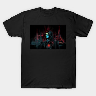 Paris Cyber Siren A Cyberpunk Cityscape with a Cyborg Woman T-Shirt